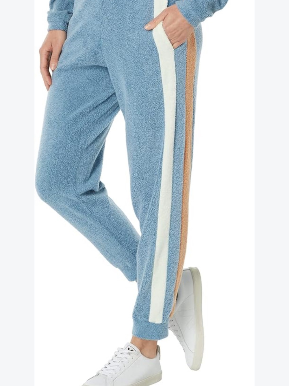Free People Blue Monday Fleece Track Pants with Cream & Tan Side Stripes large
